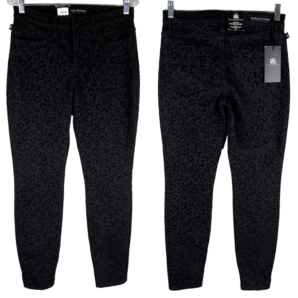 Rock & Republic Kashmiere Mid Rise Legging 8M Black Cheetah Got Flocked New
